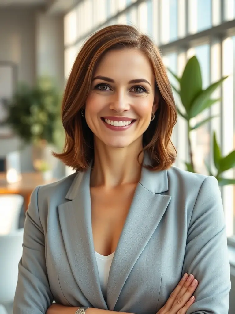 A professional headshot of a successful EB1A applicant, smiling confidently, with a blurred background of the United States Capitol Building, symbolizing their achievement of permanent residency through the EB1A visa.