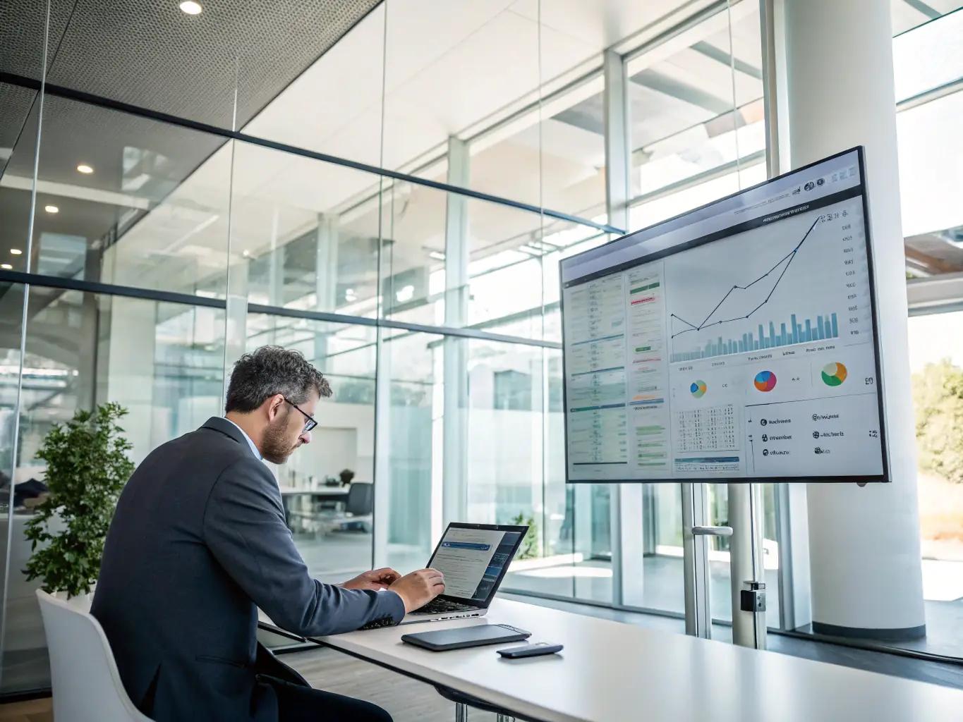 A consultant using a GPT-powered tool to analyze and optimize an EB1A petition, with charts and data visualizations in the background.