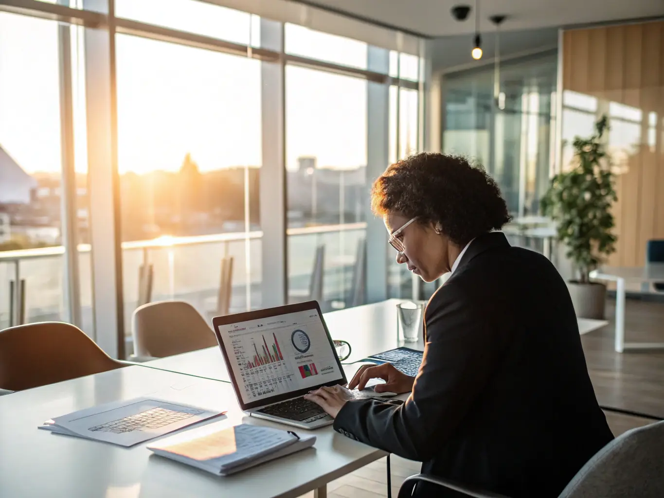 A consultant is using an AI-powered tool on a laptop to analyze data, with charts and graphs displayed on the screen, in a modern office setting.