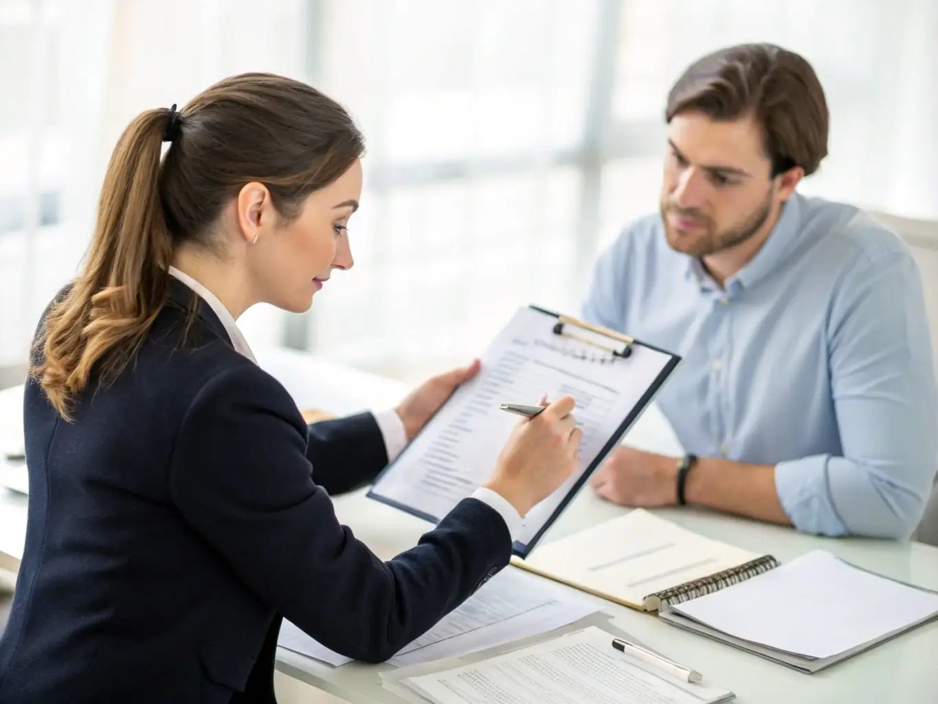 An image of a confident professional reviewing legal documents with a consultant, symbolizing expert guidance in immigration processes.