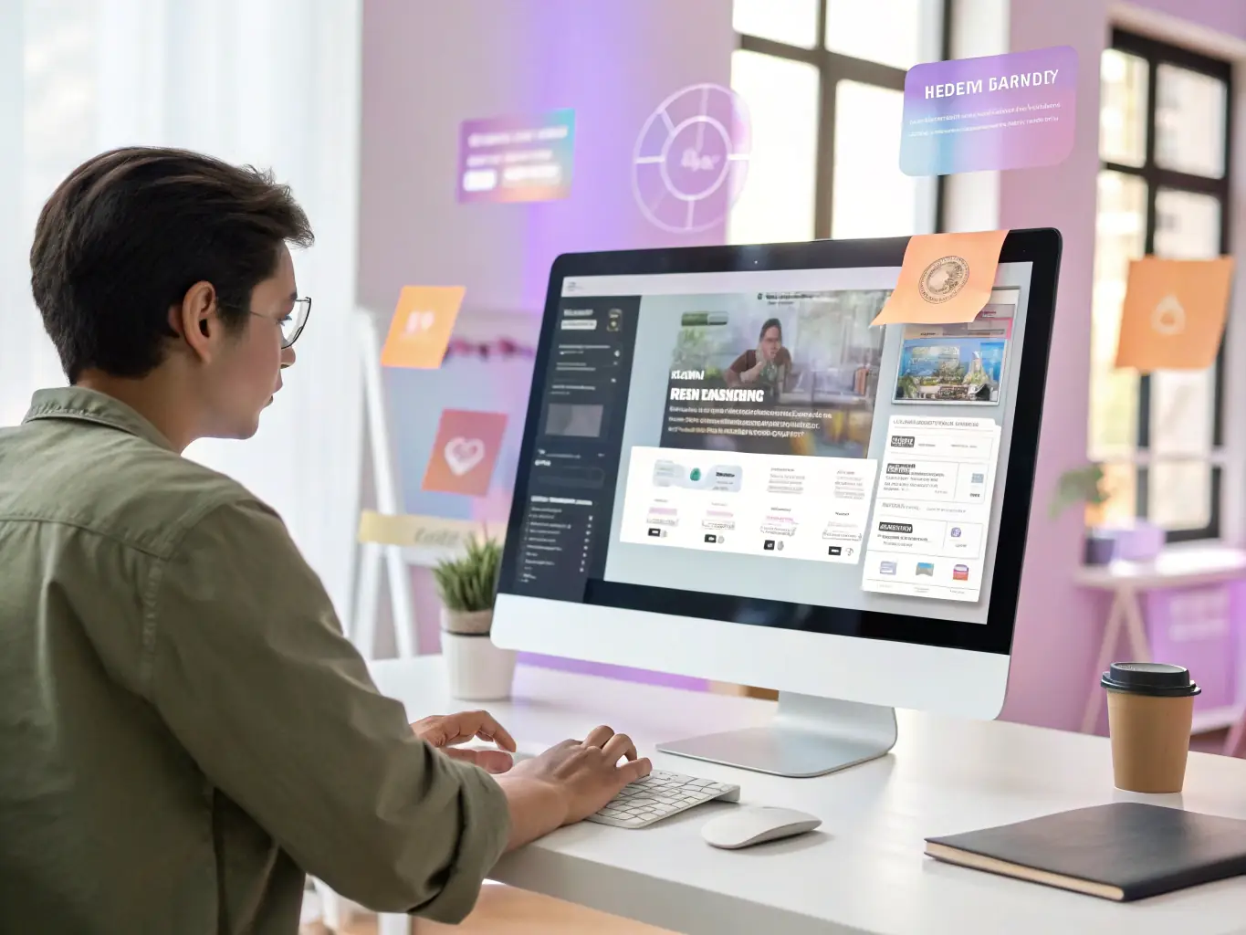 A web designer using a GPT-powered tool to generate website content and design elements, showcasing the blend of AI and creativity.