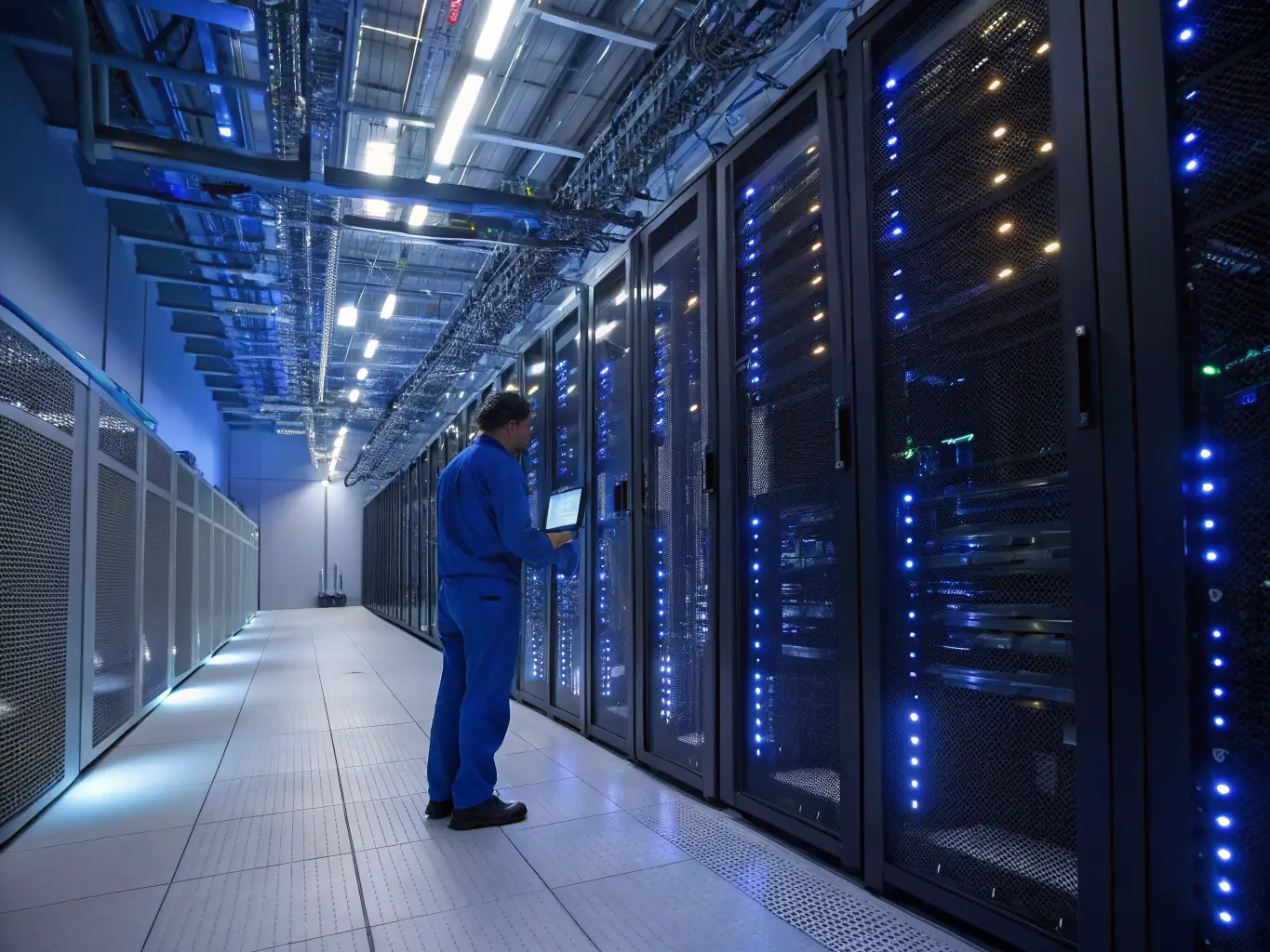 A technician working on a server rack in a data center, representing the tech support services provided by AiVass LLC.