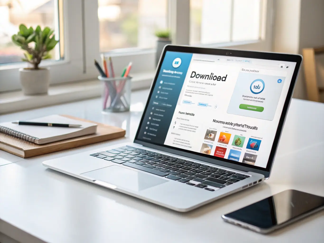 A user is downloading an AI-powered software from a website, with a progress bar indicating the download status and a clear call-to-action button.