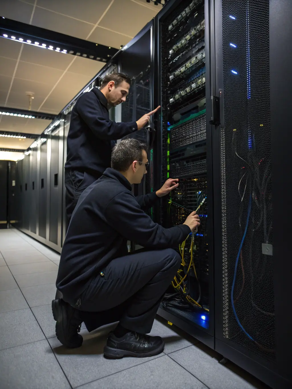 A clean, modern image of a technician working on a server rack in a data center, highlighting the reliability and expertise of AiVass's tech support services.