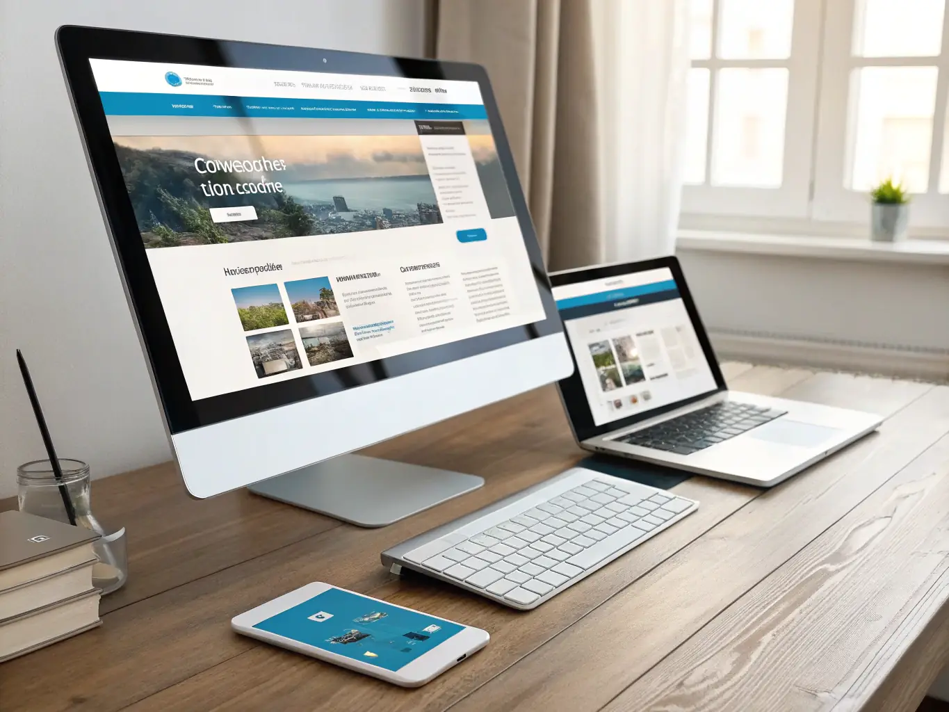 A sleek, modern website mockup displayed on a desktop and mobile device, showcasing responsive design.