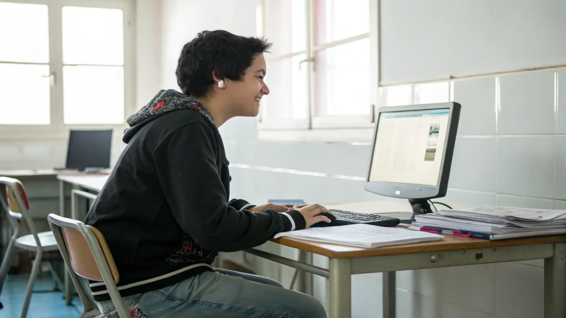 A person learning from a computer screen with a course interface displayed.